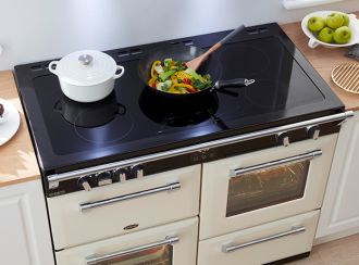 Black Richmond Induction Cooktop with a white ceramic pot and a wok containing a stir fry on top