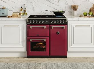 A red 90cm Belling Range Cooker installed in a kitchen