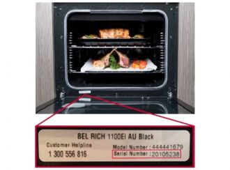 Diagram showing the label with the Model & serial number can be found on the bottom left of the inside of the oven door when opened