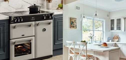 Collage with a porcini mushroom light brown coloured range cooker next to a white & nude styled kitchen