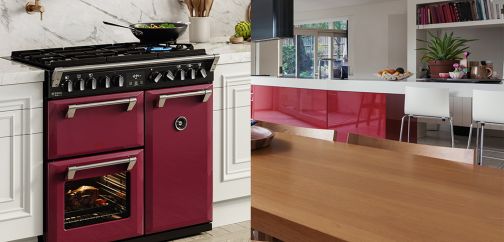 Collage with a chilli red range cooker and a kitchen island styled with matching red surfaces
