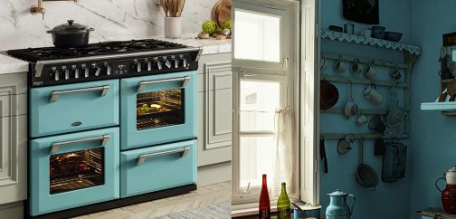 Collage of a country blue coloured range cooker with a rustic styled kitchen with matching blue walls and benches