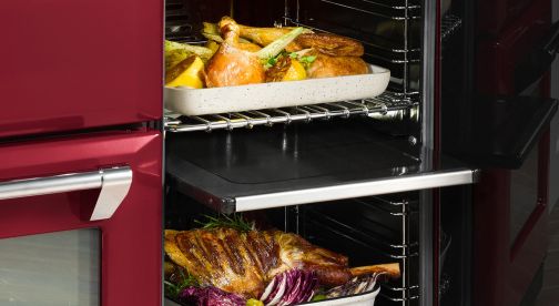 Proflex splitter inserted into the tall twin fanned oven, with different dishes being cooked above and below in the separate cavities