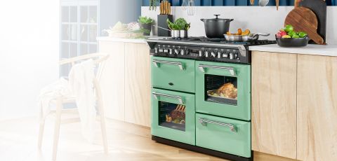 A kitchen counter with the mojito mint green colour of the Richmond Deluxe 110cm Range Coker